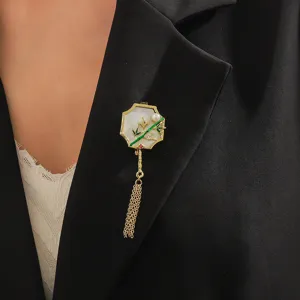 Exquisite Chinese style pearl bamboo fan tassel brooch detail display on black blazer jacket
