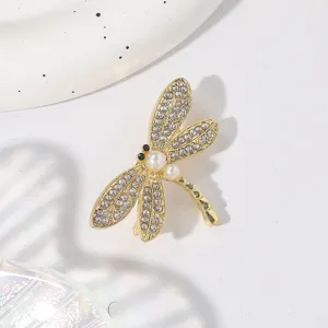 Trendy Zinc Alloy Rhinestone Artificial Pearl Dragonfly Brooch Pin For Women Suit Coat Insect Lapel Pin Jewelry Accessory