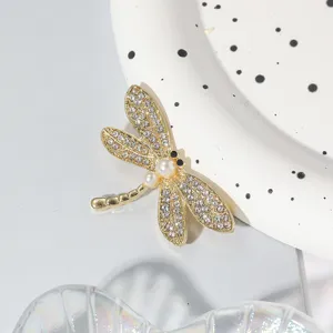 Gold alloy rhinestone pearl dragonfly brooch pin for women exquisite insect suit accessory