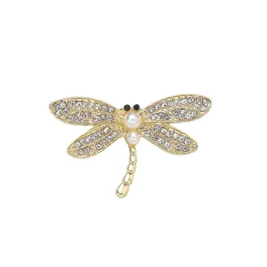 Gold Rhinestone Pearl Dragonfly Brooch Pin Elegant Insect Suit Jacket Accessory Women