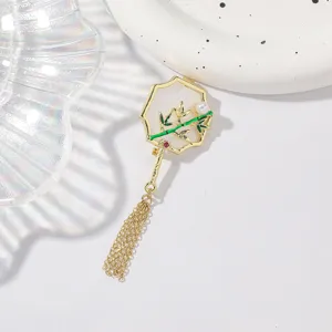 Chinese style bamboo fan tassel brooch enamel shell pearl pin suit jacket accessories