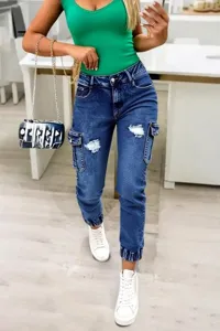 Women casual denim cargo jeans with elastic cuffs, ripped knees and multiple pockets for daily wear.