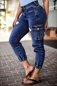 Women High Waisted Cargo Jeans Cuffed Denim Pants Slim Fit Casual Trousers with Pockets