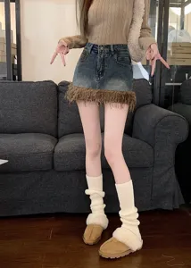 Falda vaquera elegante con flecos, corte ajustado elástico de verano para mujeres, estilo chic.