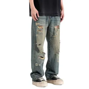 Jean homme déchiré loose coupe droite vintage délavé streetwear pantalon denim décontracté