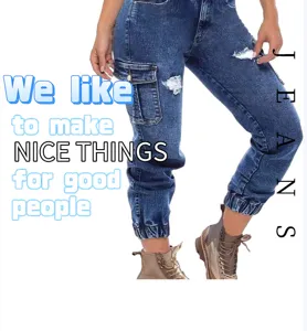 Women elastic cargo denim jeans with cuffed ankles and distressed detail for casual daily wear.