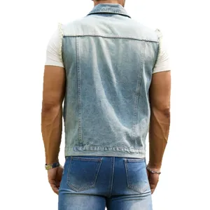 Men's Light Blue Denim Vest Casual Sleeveless Raw Edge Denim Jacket Streetwear Outerwear
