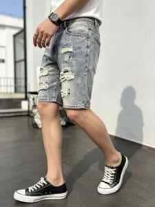 Men light wash distressed denim shorts summer high street casual stretch knee-length pants