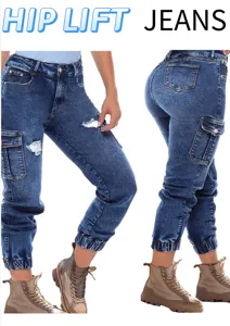 High waist cargo denim jeans for women, slim fit stretch casual trousers with pockets.