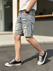 Men's distressed denim shorts casual summer streetwear five-point light blue pants