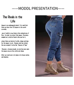 Women elastic slim fit cuffed multi-pocket casual cropped denim cargo pants detail view