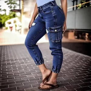 Women Casual Stretch Skinny Denim Jeans Mid Waist Multi Pockets Ripped Cuffed Cropped Denim Pants For Daily Wear
