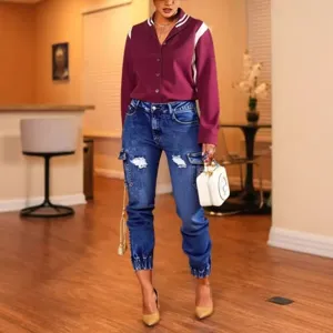 Women stretch slim cuffed multi-pocket casual cropped denim jeans for daily fashion wear.