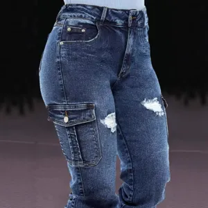 Women's high-waist slim fit cargo jeans, dark blue stretch denim pants with multi pockets.