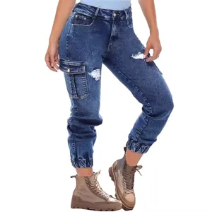 Women's Stretch Cargo Jeans Casual Skinny Cuffed Denim Pants Multi-Pocket Distressed Blue.