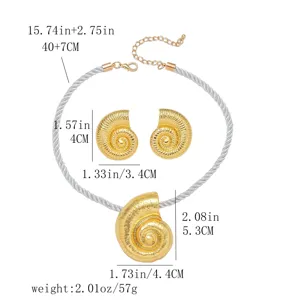 Beach style alloy conch jewelry set with necklace and earrings for summer vacation.