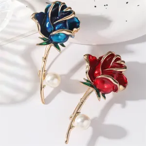 Elegant Zinc Alloy Enamel Rose Brooch For Women Artificial Pearl Flower Lapel Pin Fashion Floral Apparel Brooch Jewelry Gift