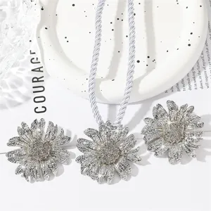 Sunflower alloy jewelry set detail showing intricate floral pendant, rope chain and matching earrings.