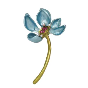Elegant Chinese style enamel lotus brooch with pearls and red gems for women outfit.