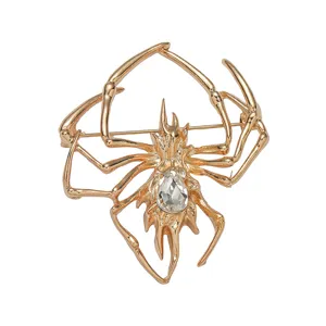 Goldene Spinnenbrosche mit klarem Tropfenkristall, stilvoller Halloween Reversstecker Schmuck