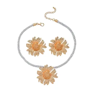 Sunflower jewelry set detail, alloy flower necklace and earrings for summer beach vacation wear.