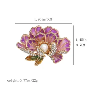 Elegant purple enamel peony brooch with rhinestones and pearl, gorgeous clothing accessory.