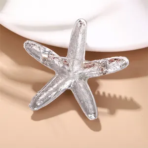 Close up detail of silver alloy starfish brooch back, showing secure pin and clasp.