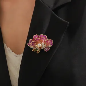 Chinese style enamel peony flower brooch rhinestone elegant chest pin jewelry accessory for women