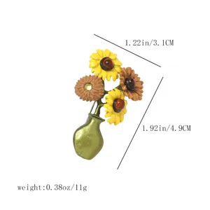Broche Vase Tournesol Emaille Vintage Elegante Broche de Plante Retro pour Vetements