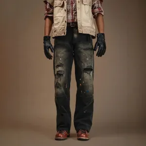 Verstempelte Streetwear Jeans mit Farbspritzern, weite, gerade Passform, Freizeithose.