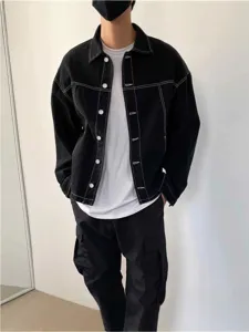 Herren Casual Baumwolle Jeansjacke Einfarbig Revers Einreiher Langarm Oberteil Amerikanisch Stil Mode Streetwear