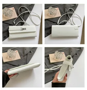 Bolso bandolera largo y liso blanco de moda para mujer con diseño de solapa y cierre metálico.