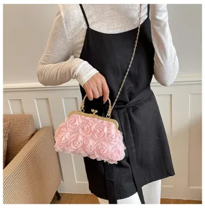 Donne Elegante Borsa Pochette Chiusura Bacio 3D Rosa Fiore Catena Spalla Borsa Moda
