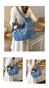 Koreaanse stijl mode denim shopper grote capaciteit schoudertas voor dames met borduursel.
