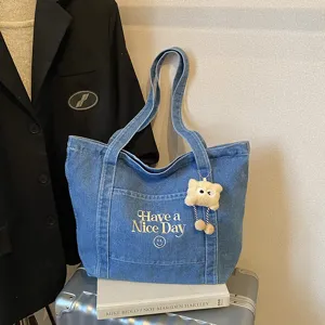 Vintage Denim Shopper Voor Dames Casual Grote Capaciteit Schoudertas Canvas Handtas Met Letterborduurwerk En Schattige Berenhanger