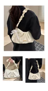 Women's ruched shoulder underarm cloud bag stylish pleated handbag with pearl bow details.
