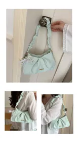 Light green ruched shoulder bag underarm cloud bag with pearl lace pendant and gold hardware