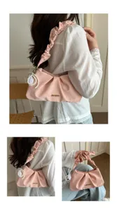 Women pink pleated shoulder underarm bag with pearl chain ruffles niche trendy handbag