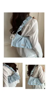 Light blue pleated shoulder bag with cute lace pearl strap, stylish cloud underarm handbag.