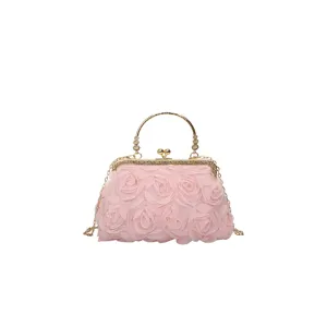 Borsa da sera rosa con fiori e catena dorata, elegante pochette con chiusura a bacio donna.