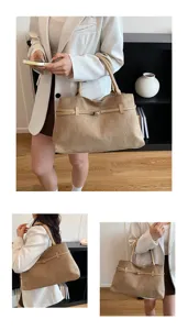 Casual retro suede tote bag with stylish belt detail and double handles for daily wear.