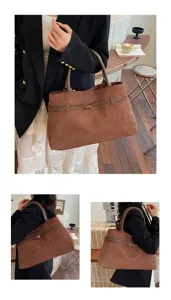 Brown suede tote bag for women, elegant vintage shoulder bag with chic belt design, large capacity.
