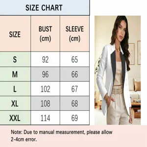 Women elegant contrast lapel long sleeve blazer size chart and model display image