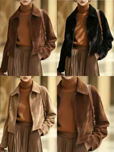 Women's Vintage Suede Jacket Slim Fit Lapel Zipper Coat Retro Patchwork Suede Outerwear Solid Color Casual Mid-Length Top