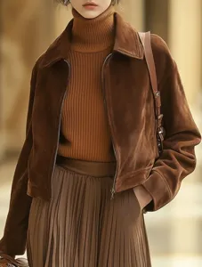 Women vintage suede lapel slim zip jacket autumn winter casual chic outerwear top brown