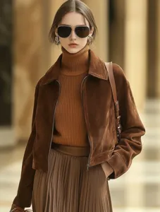 Detail shot of a retro brown suede jacket featuring a zipper closure and lapel collar.