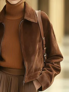 Womens vintage brown zipper suede lapel slim fit jacket coat detailed close up view