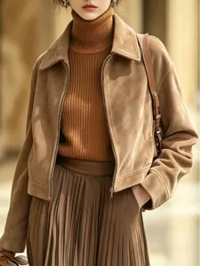 Close-up detail of the vintage faux suede lapel slim jacket, showcasing zipper and texture.