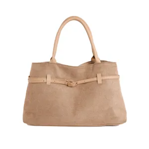 Khaki suede tote bag for women, vintage shoulder handbag with chic buckle and top handles.