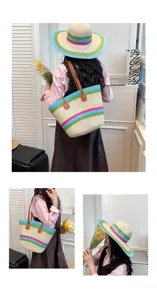 Detailansicht der stylischen geflochtenen Strohtasche und des farbigen Hutes mit Ledergriffen.